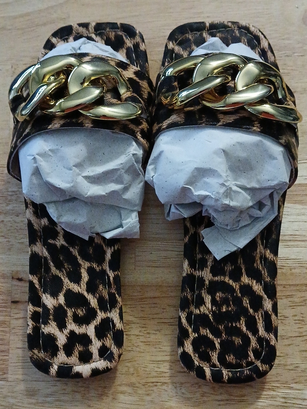 Leopard Print Slide Sandals with Gold Chain